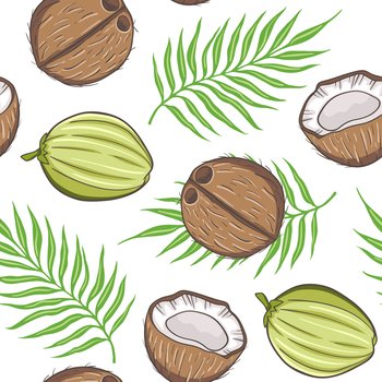Hand drawn seamless pattern with coconuts. Vector background with nuts and green leaves