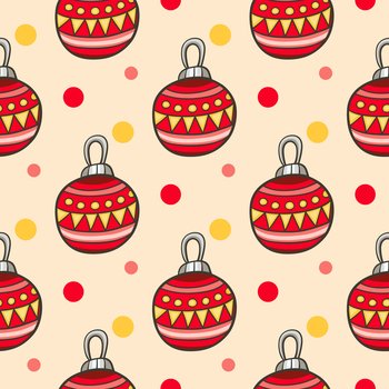 Festive Christmas seamless pattern with red Christmas decorations. Hand drawn doodle vector background