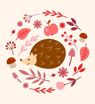 Seasonal greeting card with cute hedgehog and autumn leaves. Decorative autumn banner. Vector illustration