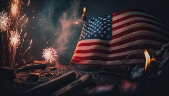 Celebratory fireworks on the background of the US flag. Independence day. Generative AI