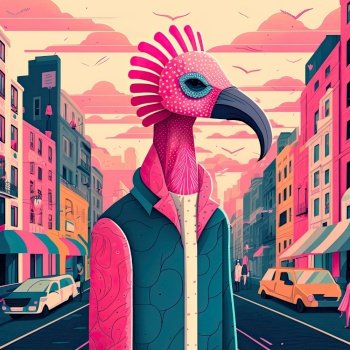 Fashion turkey with blue and pink jacket in the city. Generative AI