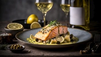 Gourmet salmon on a plate. White wine to go with the fish. Generative AI