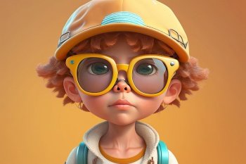 Little boy with sunglasses on a colorful background. Generative AI. 