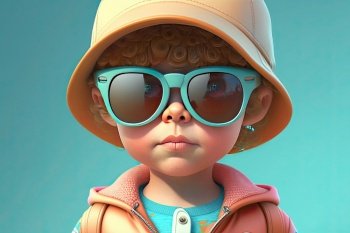 Little boy with sunglasses on a colorful background. Generative AI. 
