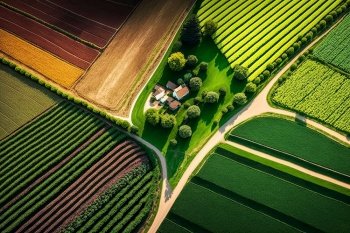 Beautiful landscape of farm fields. Generative AI