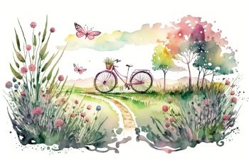 Bright landscape view with spring meadow, a bicycle and green grass. Generative AI