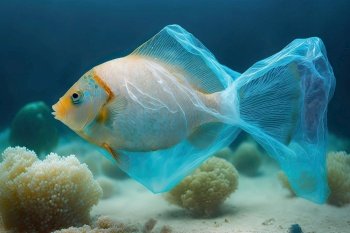 Pollution from plastics is a worry for the environment. Plastic bags with a fish inside. Generative AI