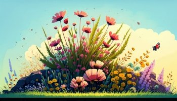 Beautiful landscape with flowers with the sky of background. Generative AI
