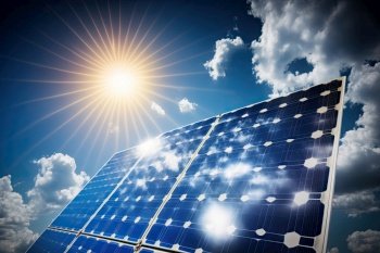 Solar energy panels under a blue sky. Generative AI