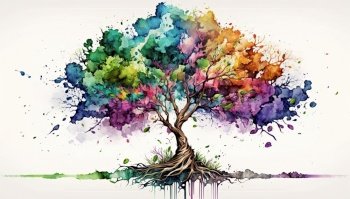 The tree of life in colorful watercolor on a white background. Generative AI