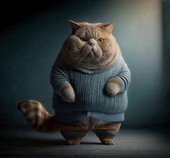 Overweight cat wearing clothes on colored background. Generative AI