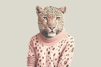 Portrait of a beautiful adult leopard wearing fashion pink sweater on light background. Generative AI