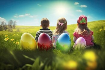 Children and easter eggs on the meadow. Generative AI