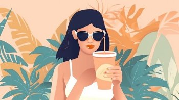 Summer resort illustration of woman in sunglasses and swimsuit holding juice with tropical foliage in the background by generative AI