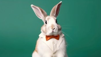 Elegant adult rabbit wearing a formal jacket and bow tie on a colorful background by generative AI.