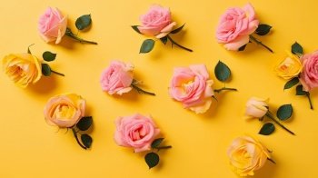 Pink roses on a yellow background. Spring concept by generative AI