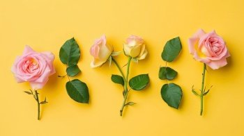 Pink roses on a yellow background. Spring concept by generative AI