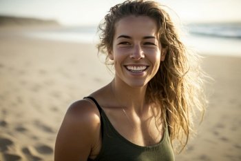 Charming young happy woman at the beach looking at camera. Holidays concept by generative AI