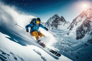 Skier doing tricks on the snow with beautiful illuminated sky. Generative AI