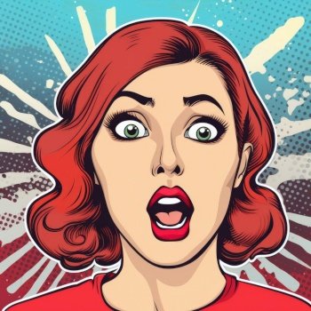 Surprised fashion girl opening her mouth. Pop art retro comic style by generative AI