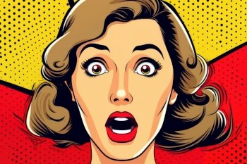 Surprised fashion girl opening her mouth. Pop art retro comic style by generative AI