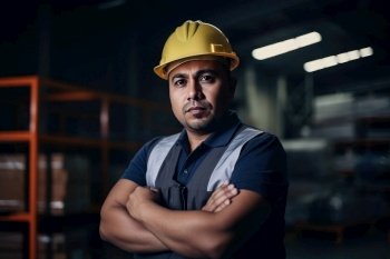Hispanic factory worker with safety gear and space for text by generative AI 