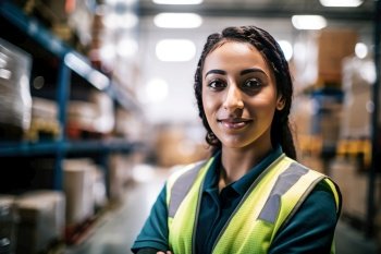 Portrait of confident female warehouse worker smiling for camera in work environment by generative AI