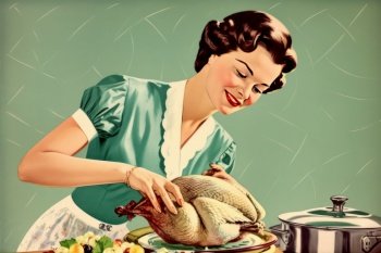 Illustration of a happy  housewife smiles while preparing a Thanksgiving or Easter turkey in a vintage retro illustration generative AI
