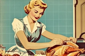 Illustration of a happy  housewife smiles while preparing a Thanksgiving or Easter turkey in a vintage retro illustration generative AI