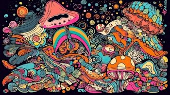 Vibrant Abstract Art: 60s-70s Retro Style Psychedelic Mushroom Clipart for a Trippy Experience by generative AI