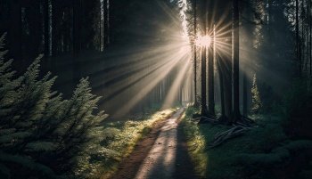 Sunlight and forest in the afternoon. Lonely path through the trees. Generative AI
