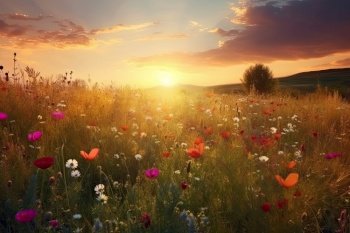 Amazing sunset over a beautiful landscape full of flowers. Generative AI