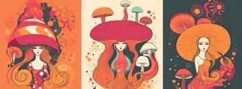 Female figure with a mushroom-shaped hat. Generative AI