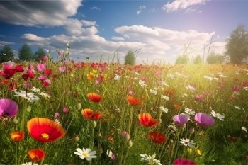 Vivid and bright flowers in a field with photorealistic landscapes in spring and summer. Help save the planet! by generative AI
