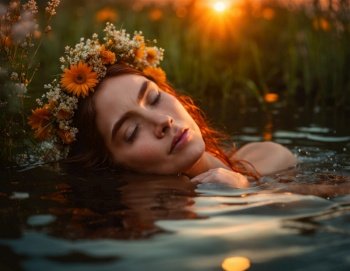 Young woman in a flower wreath near the water. Slavic holiday of Ivan Kupala. Generation of AI.. Young woman in a flower wreath near the water.