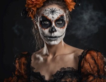 Portrait of a young woman in Halloween makeup. AI illustration. Portrait of a young woman in Halloween makeup. 