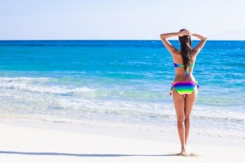 Woman in bikini at the sea beach, rear view. Woman in bikini at the sea
