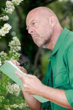 plant researcher records the growth in the garden