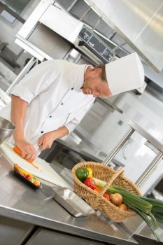 handsome chef preparing salad in restaurant kitchen