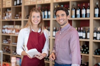 customer and female vendor in liquor store