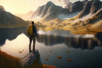 Generative AI illustration of lone hiker standing on rocks in front of an epic mountain and lake landscape view