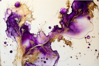 Generative AI illustration of purple and gold alcohol ink spill on marble colorful abstract background