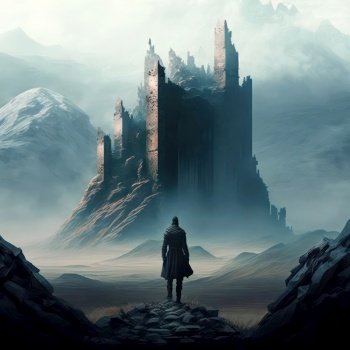 Generative AI illustration of ruined castle in mountain landscape with lone nomad looking at the castle, feeling of isolation and solitude in wilderness