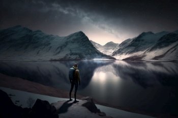Generative AI illustration of lone hiker looking at distant mountain landscape across lake at night, health and wellbeing conceptual image