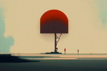 Generative AI illustration of surreal sci-fi style duo tone conceptual minimalist abstract landscape with single figure representing solitude
