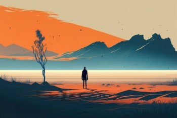 Generative AI illustration of surreal sci-fi style duo tone conceptual minimalist abstract landscape with single figure representing solitude