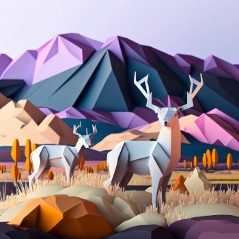 Generative AI illustration of papar art craft quilling image of red deer stags in mountain landscape with surreal colours