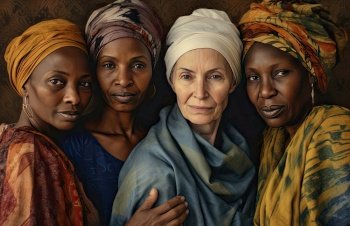 Generative AI illustration of group of beautiful multi cultural multi racial and multi age women