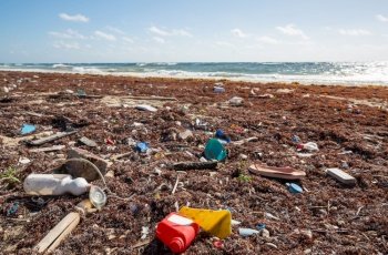 Ecological concept. Beach pollution -trash on sea beach