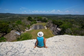 Tourist on Xunantunich Maya ruins in Belize